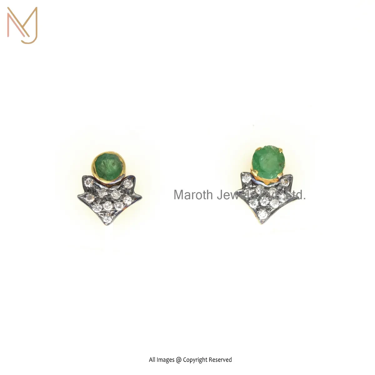 14K Yellow Gold Pave Diamond Emerald Gemstone Stud Earring Manfacturer
