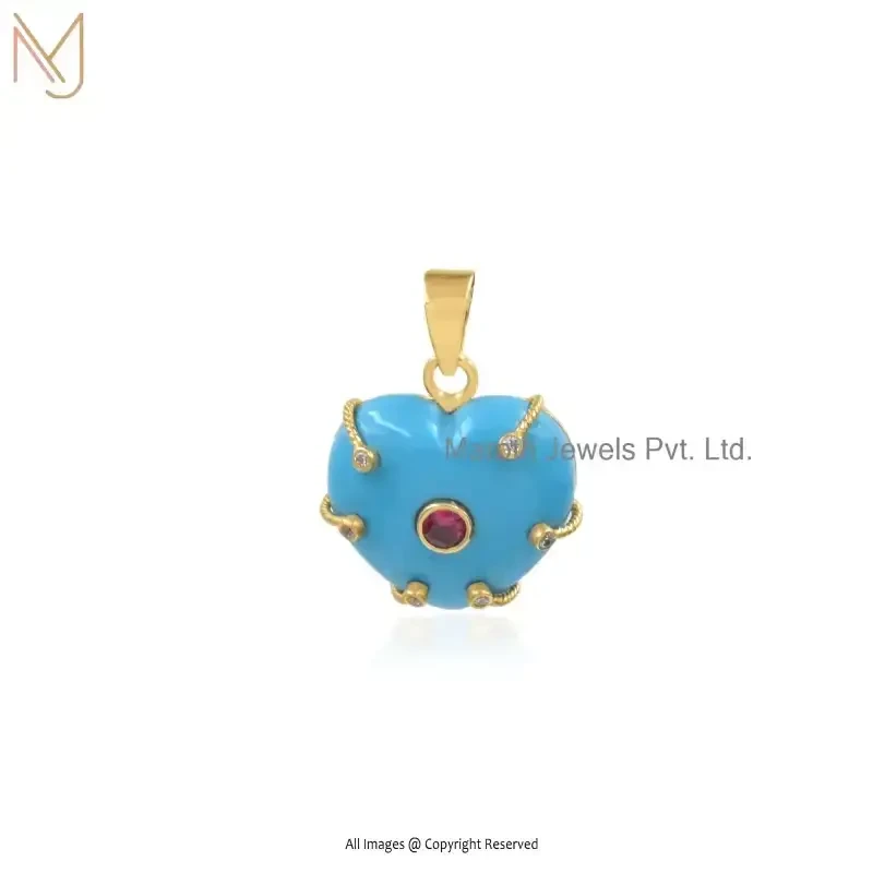 14K Yellow Gold Turquoise And Red Cubic Zircon Heart Gemstone Pendant USA