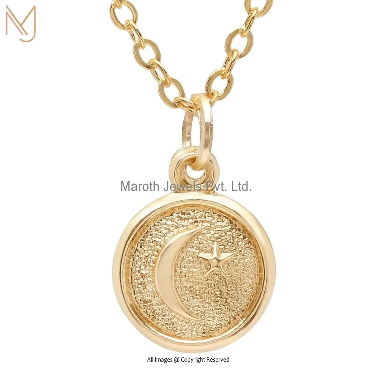 925 Silver Yellow Gold Circle Disc Star & Moon Pendant Necklace Manufacturer