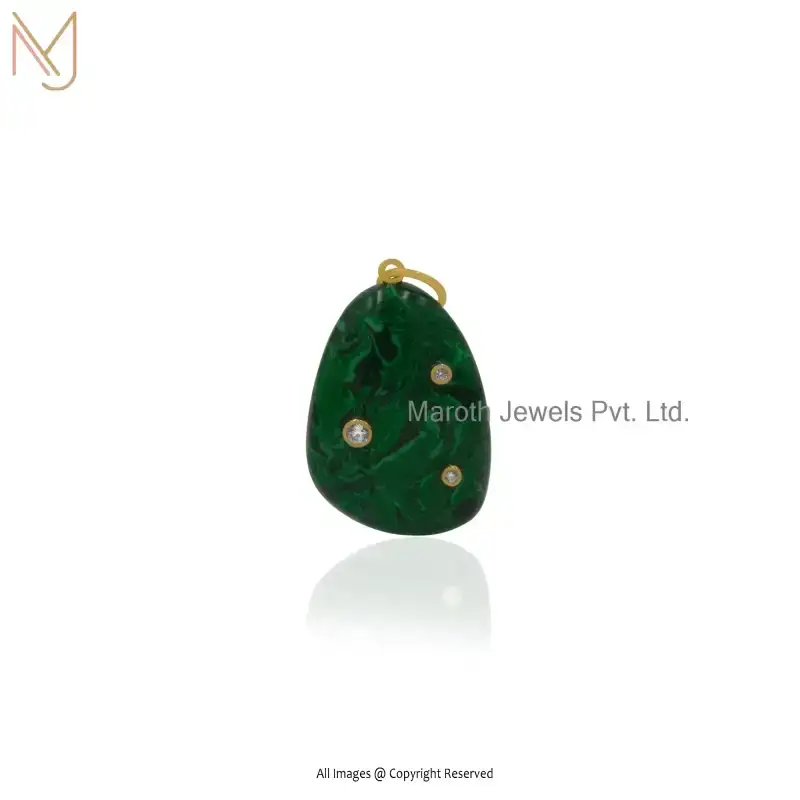 14K Yellow Gold Malachite & Cubic Zircon Teardrop Gemstone Pendant Custom Jewelry