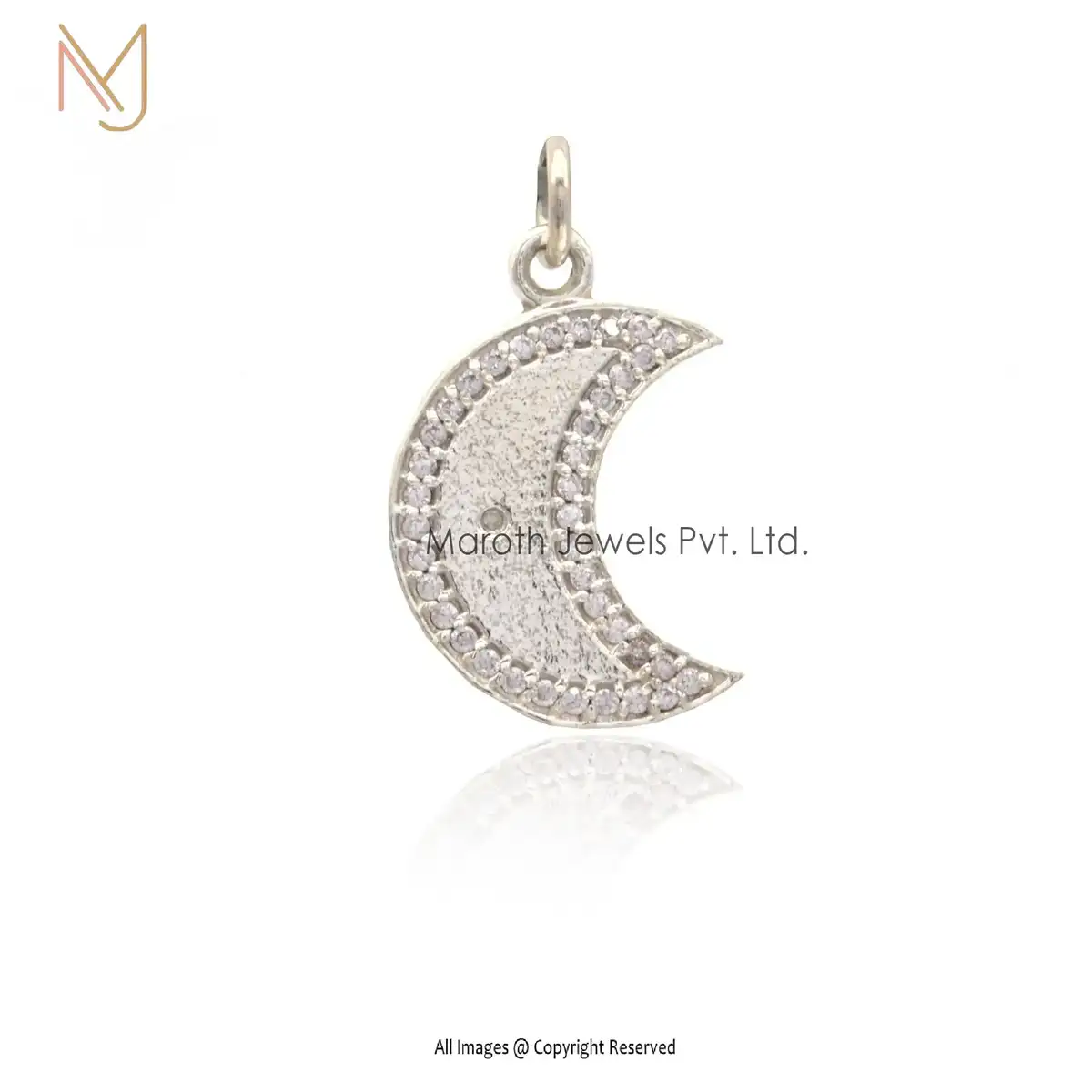 925 Silver White Gold Plated Pave Diamond Crescent Moon Pendant Custom Jewelry