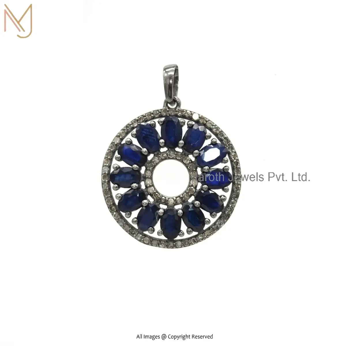 Wholesale 925 Silver Black Rhodium Plated Diamond & Blue Sapphire Gemstone Round Disc Circular Pendant Jewelry