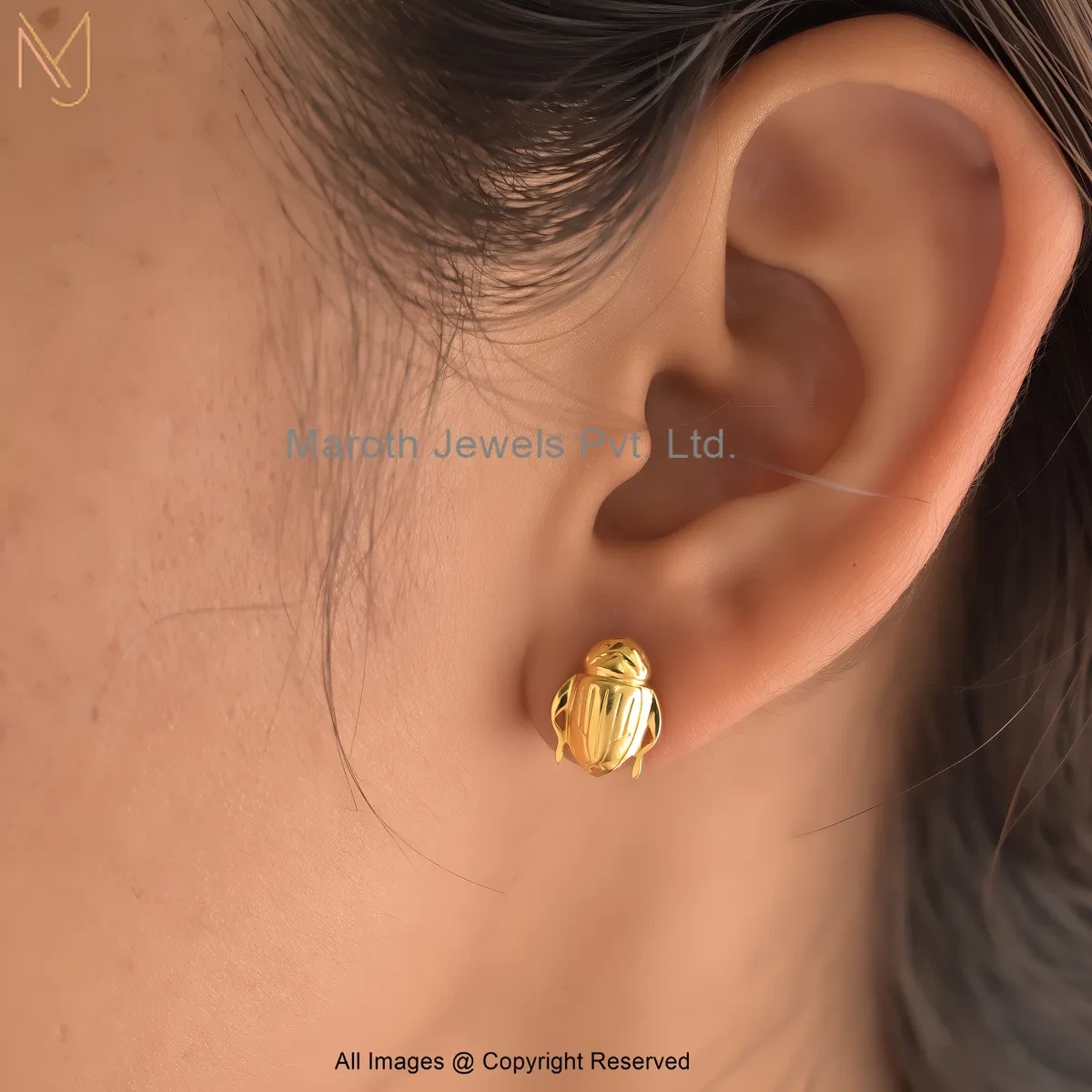 925 Silver Yellow Gold Plated Gold Scarab Beetle Stud Earring Custom Jewelry