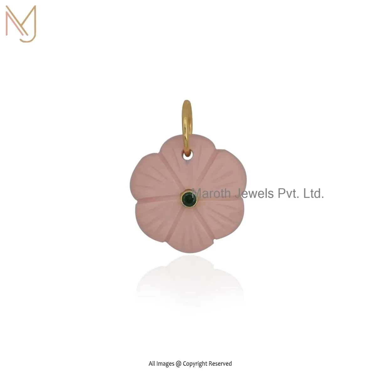 14K Yellow Gold Pink Opal & Cubic Zircon Flower Pendant Custom Jewelry