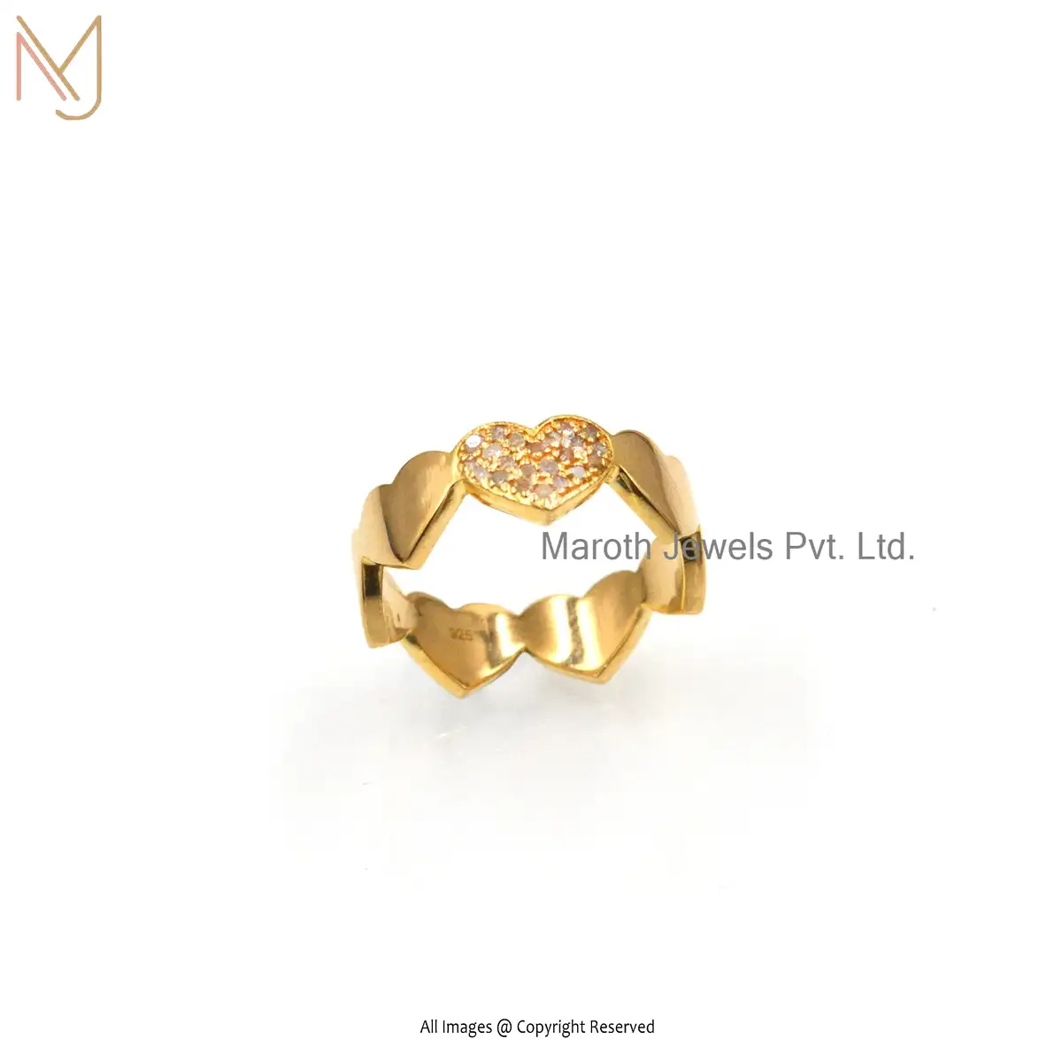 925 Silver Yellow Gold Plated Diamond Hearts Ring Jewelry Manufacturer