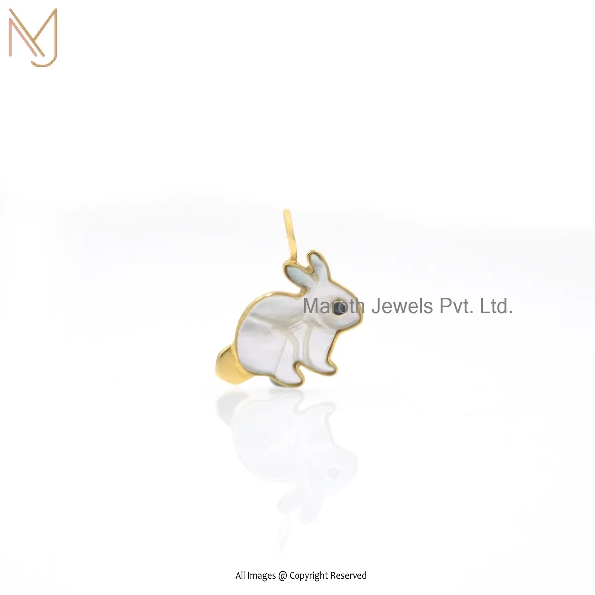 Private Lable 925 Silver Yellow Gold Plated Blue Cubic Zircon & Mother Of Pearl Rabbit Pendant