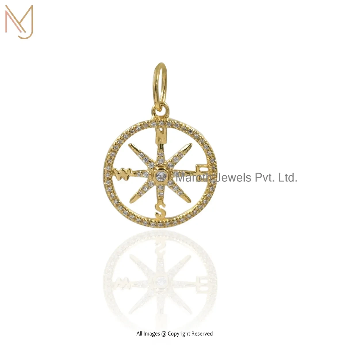 14K Yellow Gold Cubic Zircon Compass Pendant Custom Jewelry