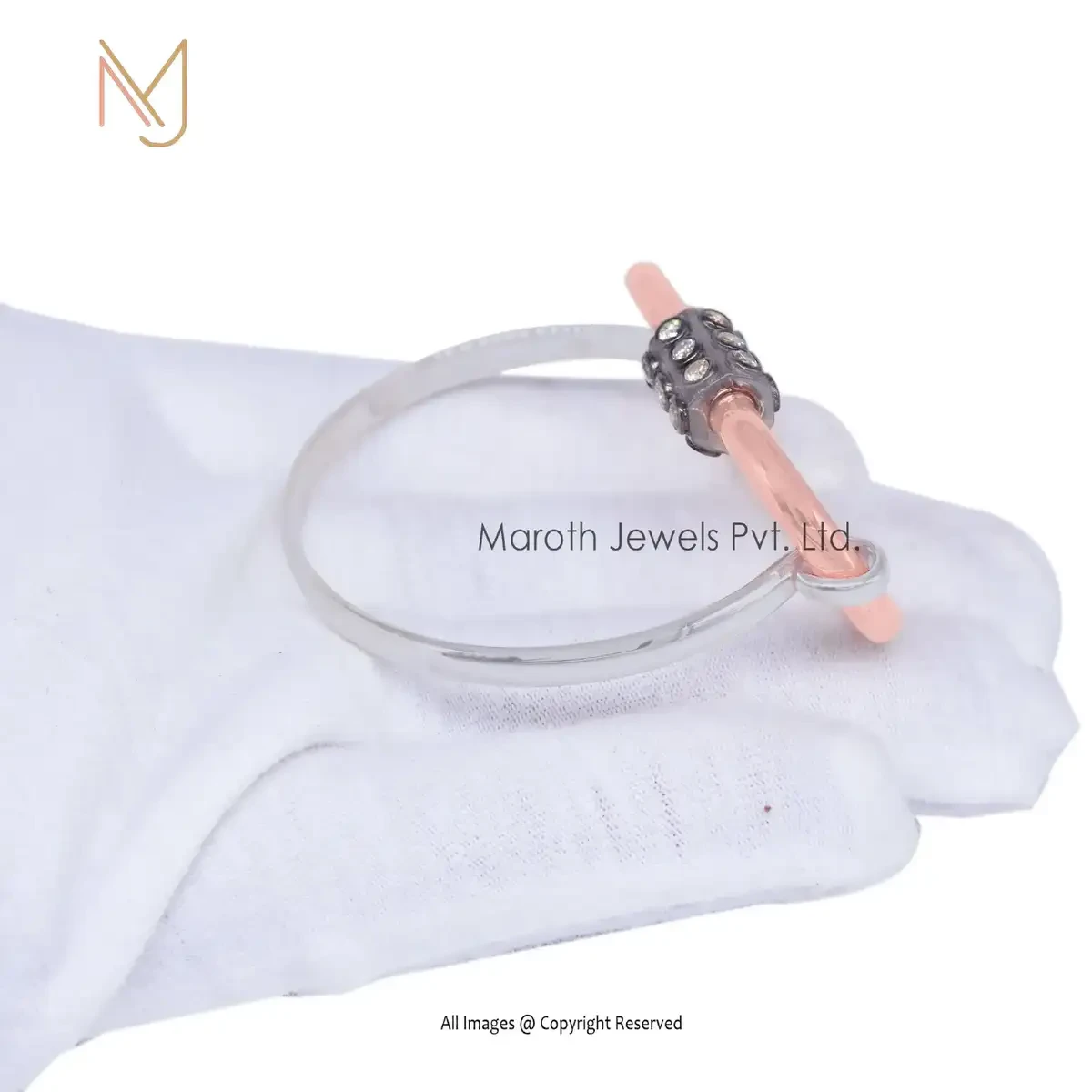 Private Lable 14K Yellow Gold Cuff Bangle Pave Diamond Carabiner With Bangle Jewelry