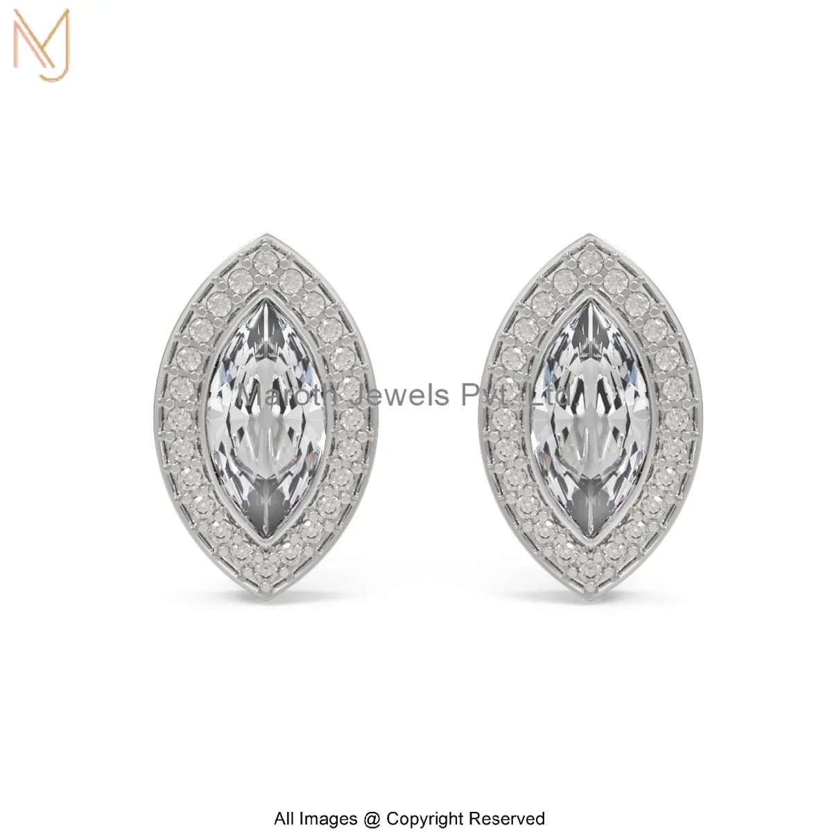 925 Silver Natural Silver Plated Marquise-Cut Diamond Stud Earring Custom Jewelry