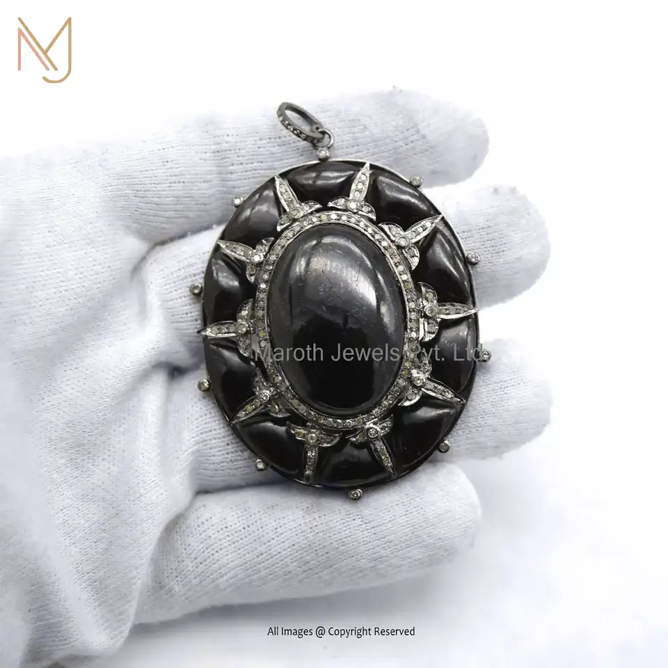 925 Sterling Silver Black Rhodium Plated Pave Diamond Garnet Gemstone Pendant Jewelry USA