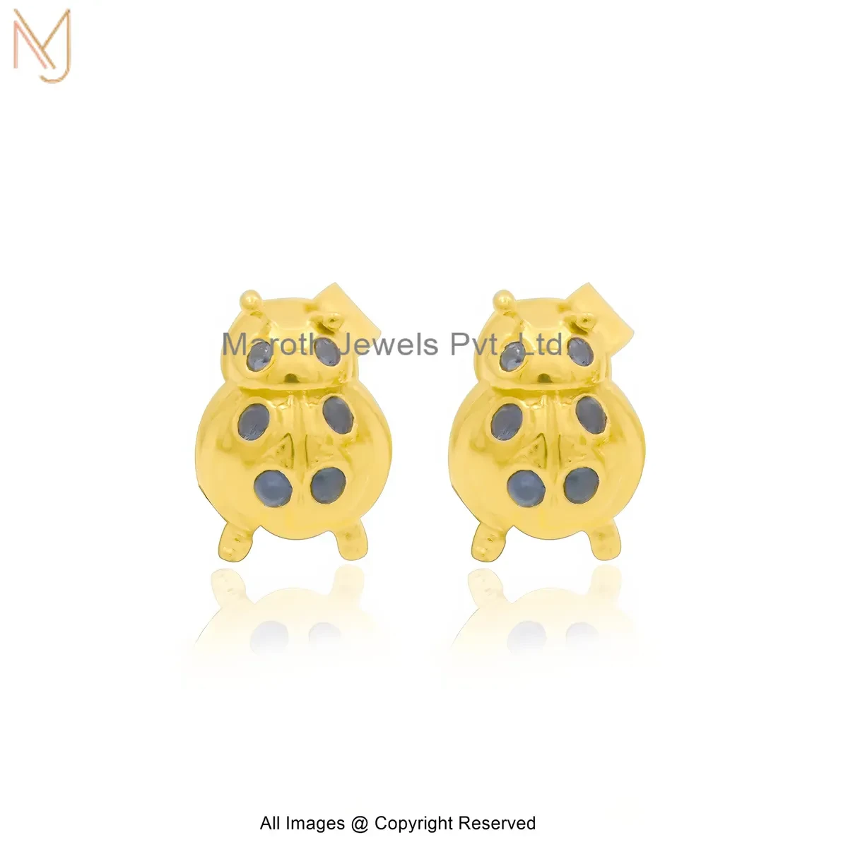925 Silver Yellow Gold Plated Blue Cubic Zircon Ladybug Stud Earring Custom Jewelry