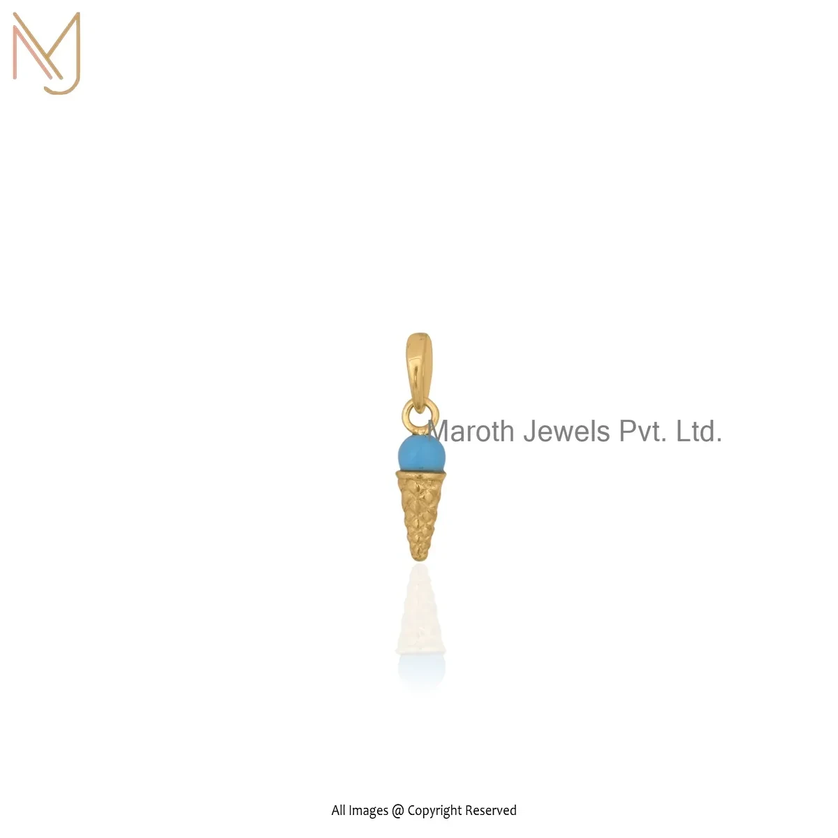 Private Lable 14K Yellow Gold Red Coral Gemstoen Ice Cream Cone Pendant