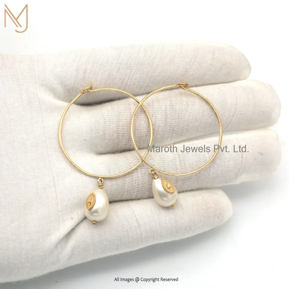 925 Silver Yellow Gold Plated Diamond Pearl Hoop Earring Jewelry Supplier