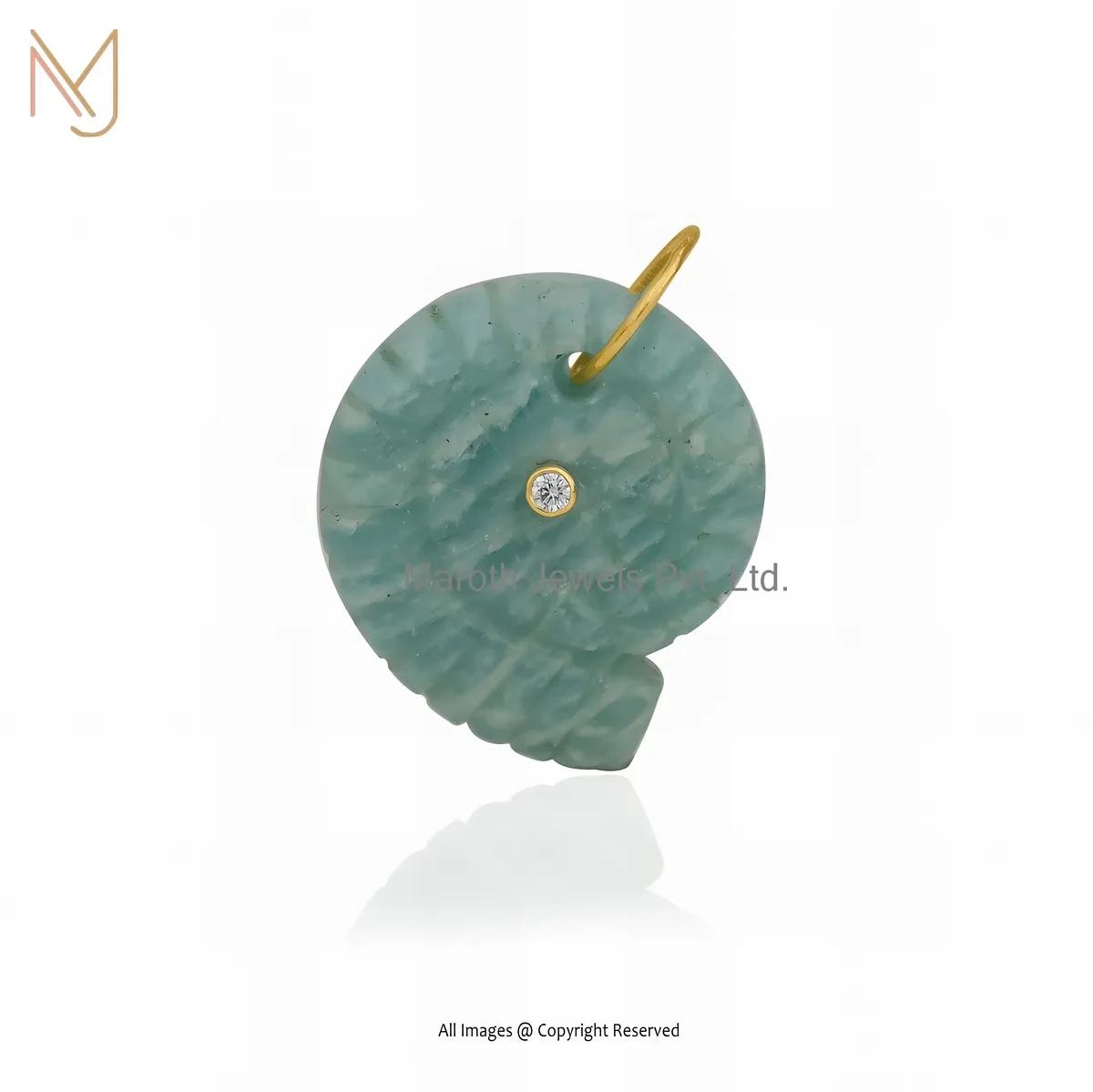Private Lable 14K Yellow Gold Cubic Zircon & Amazonite Gemstone Shell Pendant