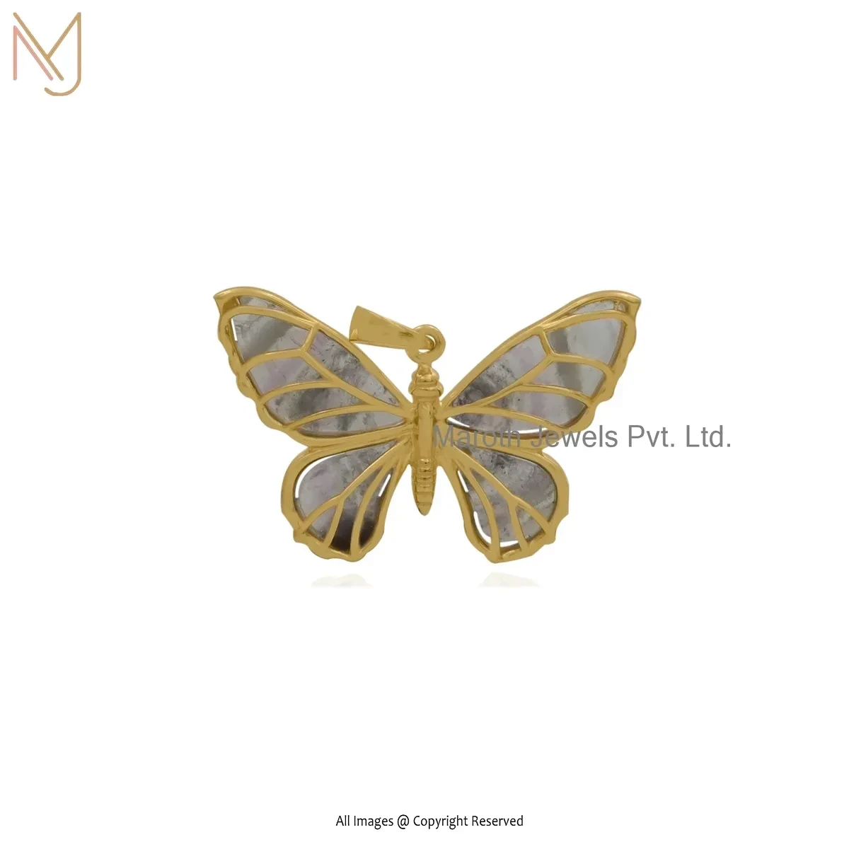 925 Silver Yellow Gold Plated Rose Quartz Butterfly Pendant Custom Jewelry