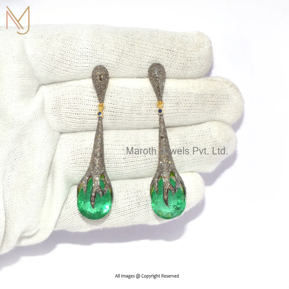 14K Yellow Gold Pave Diamond & Blue Sapphire Emerald Twilight Vine Dangler Earrings USA