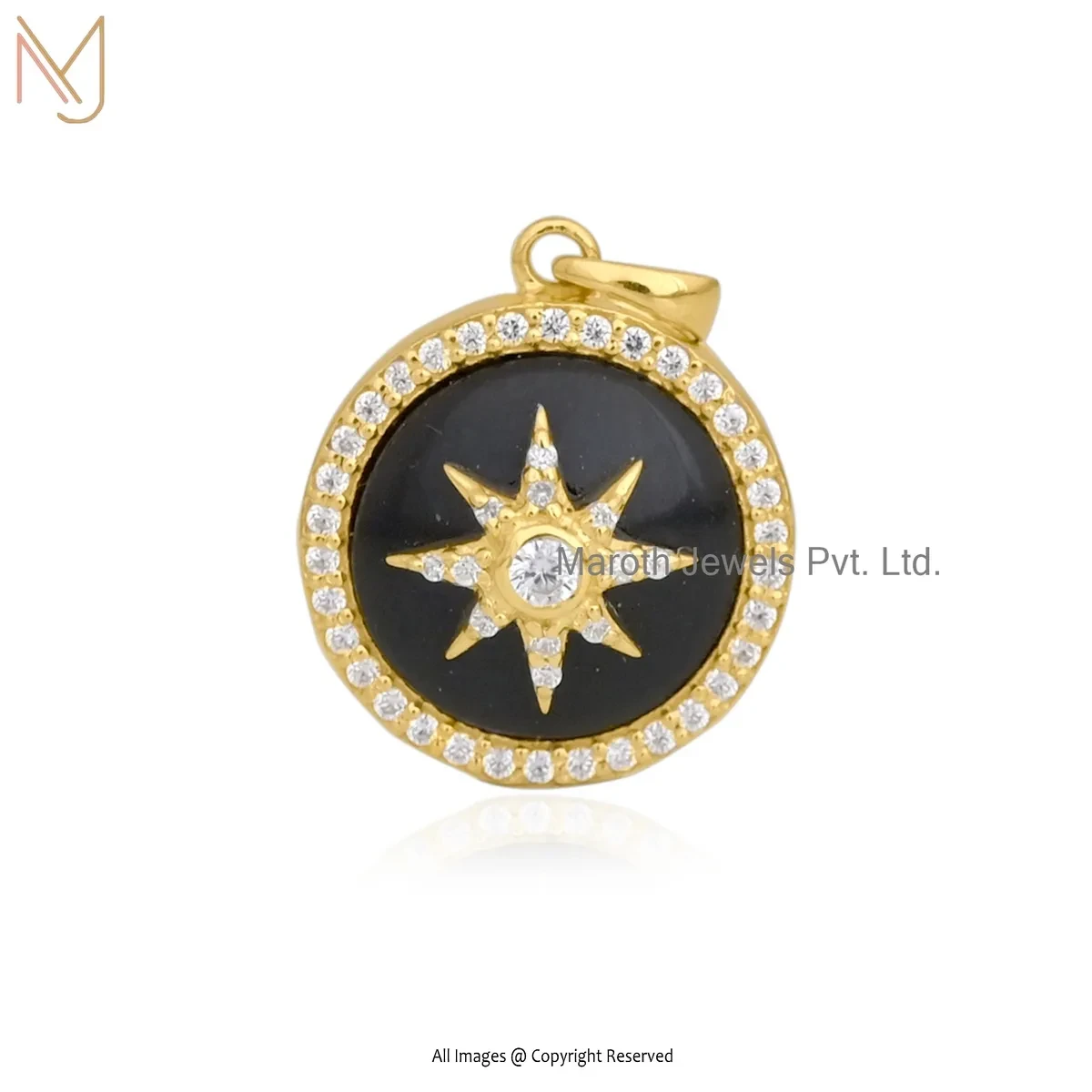14K Yellow Gold Diamond And Black Onyx & Cubic Zircon Star Disc Pendant USA