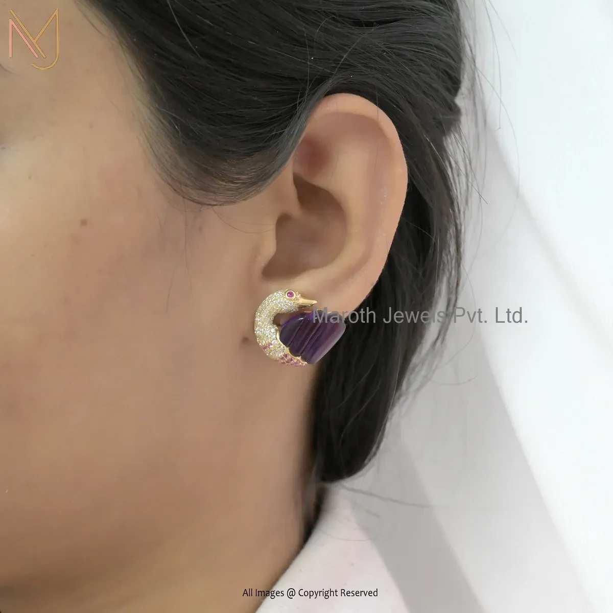 14K Yellow Gold Amethyst & Ruby Gemstone Peacock Studs Earring Manufacturer