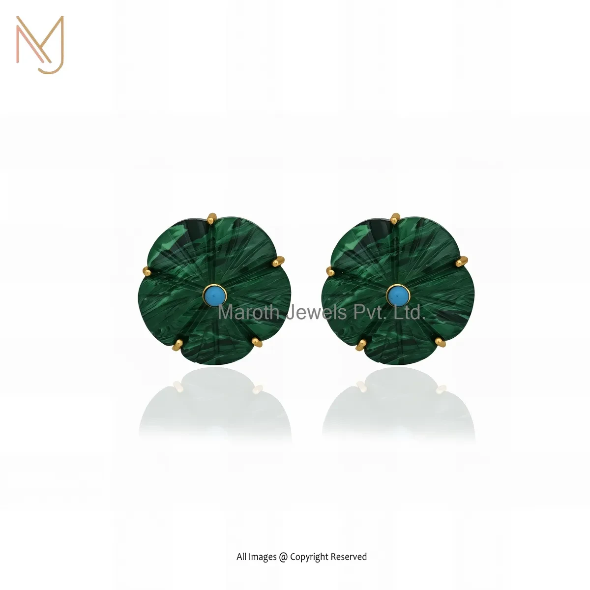 Private Lable 925 Silver Yellow Gold Plated Malachite And Turquoise Gemstone Flower Earrings
