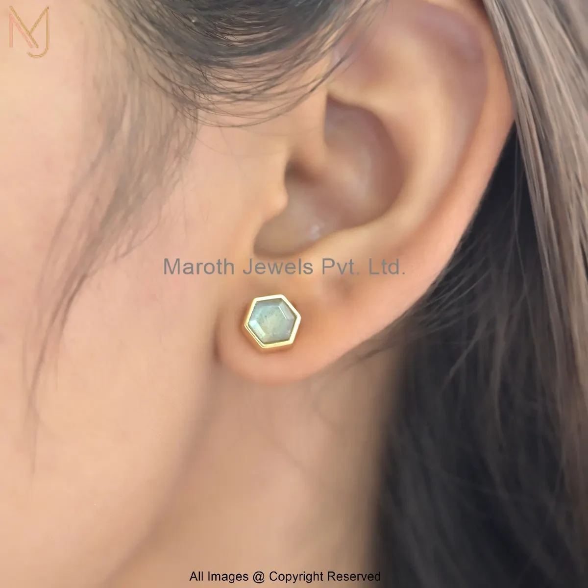 925 Silver Yellow Gold Plated Gemstone Mint Green Hex Stud Earrings Manufacturer