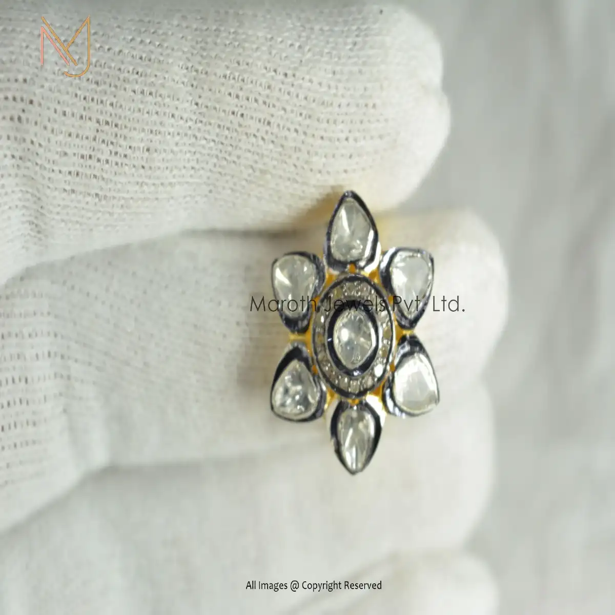 925 Silver Yellow Gold Rhodium Plated Pave Diamond & Rose Cut Diamond Ring Jewelry Manufacturer