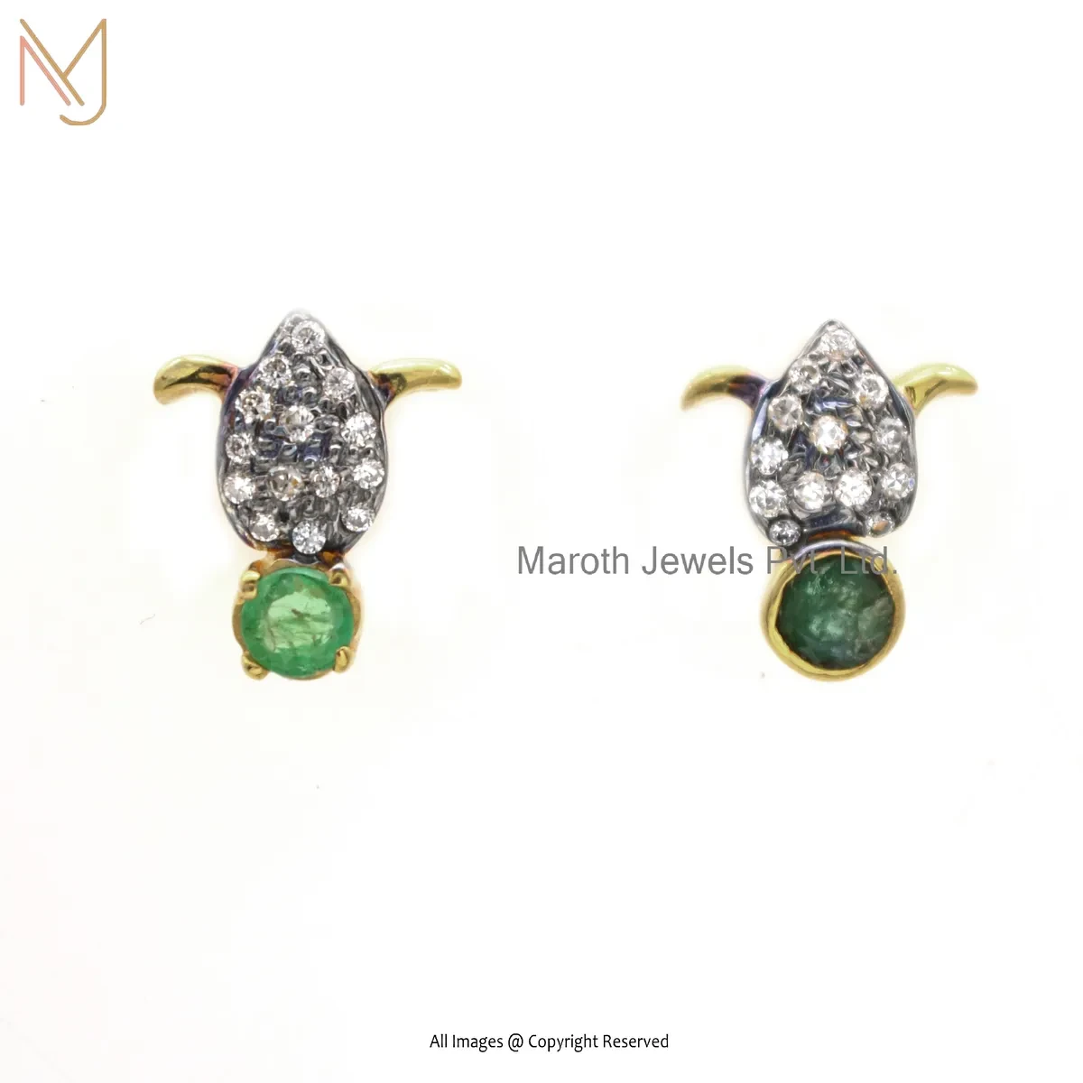 925 Silver Rhodium Yellow Gold Plated Pave Diamond Emerald Gemstone Lotus Stud Earring Manufcaturer