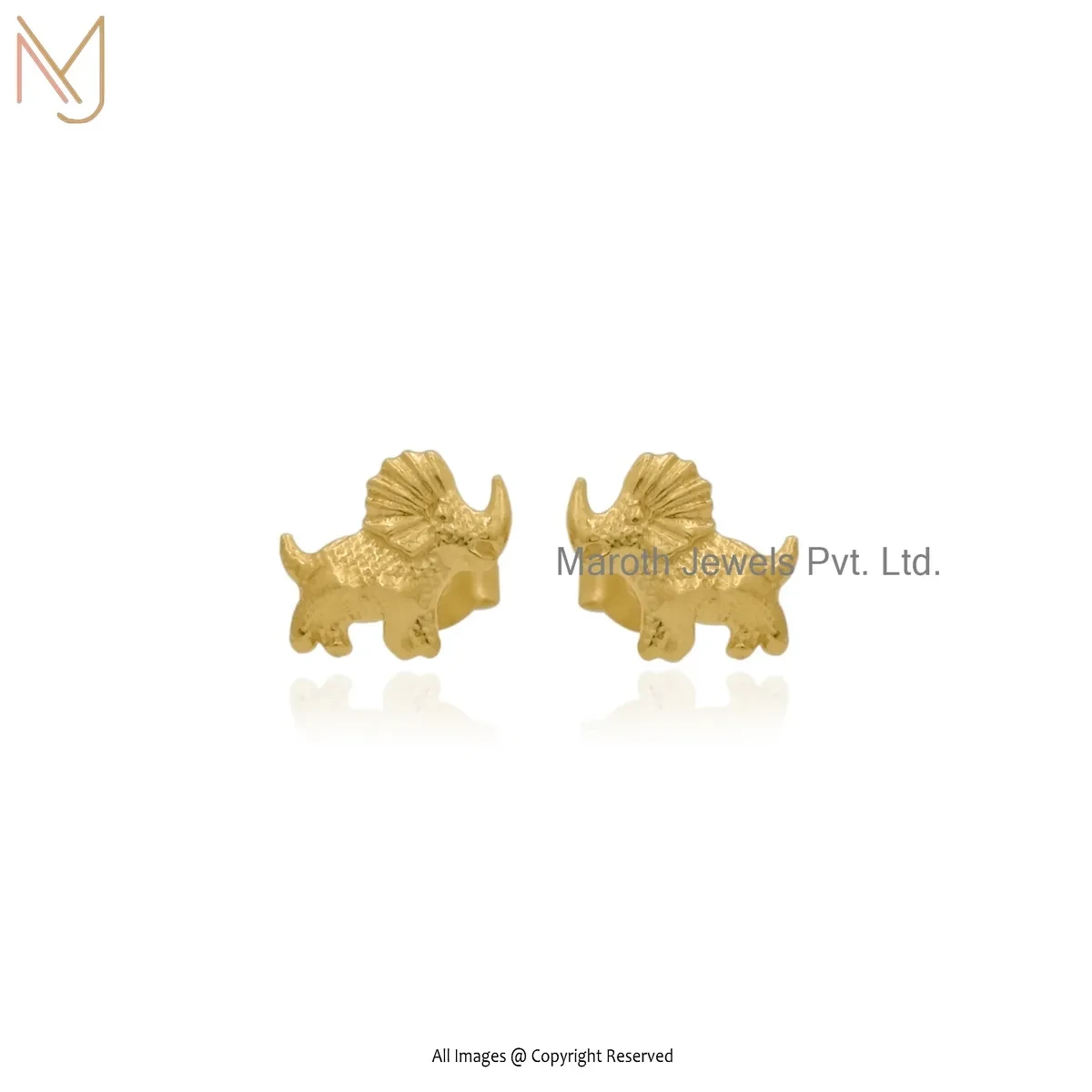 14K Yellow Gold Triceratops Dinosaur Stud Earrings Jewelry Supplier