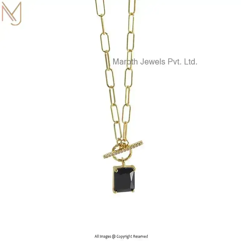 Wholesale 14K Yellow Gold Geometry Black CZ Square OT Necklace Jewelry
