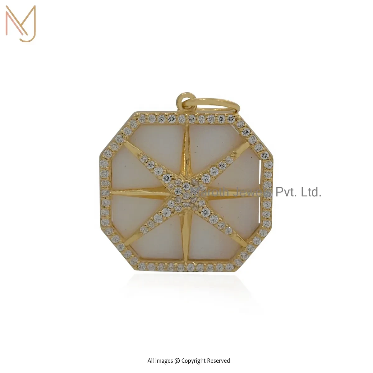 Private Lable 14K Yellow Gold Cubic Zircon & Mother Of Pearl Hexagon Pendant