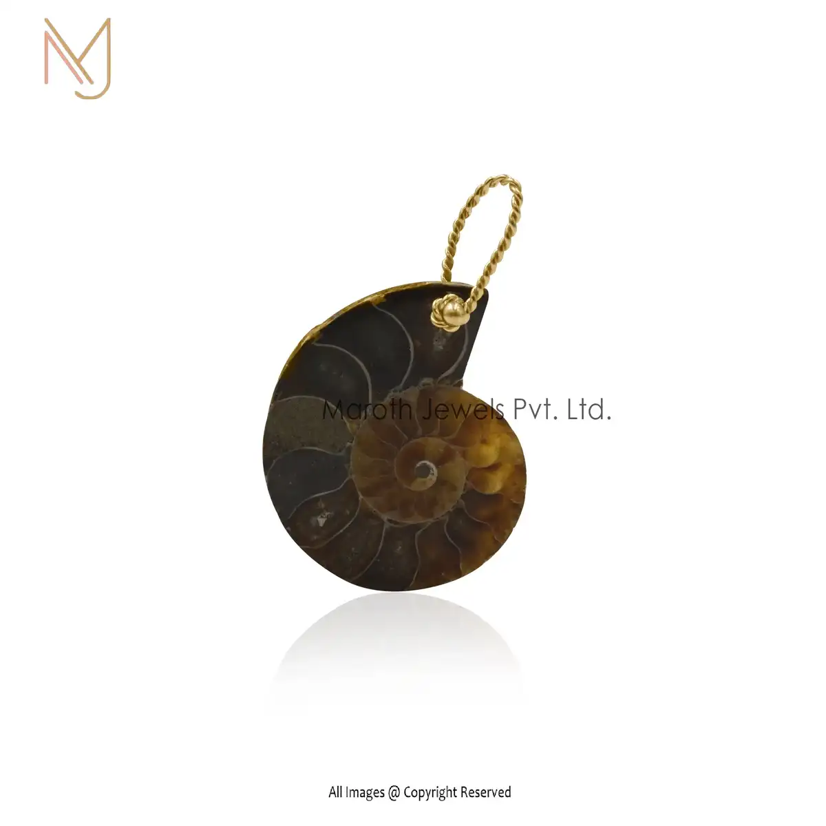 Private Lable 14K Yellow Gold Ammonite & Moisssanite Shell Fossil Stone Pendant