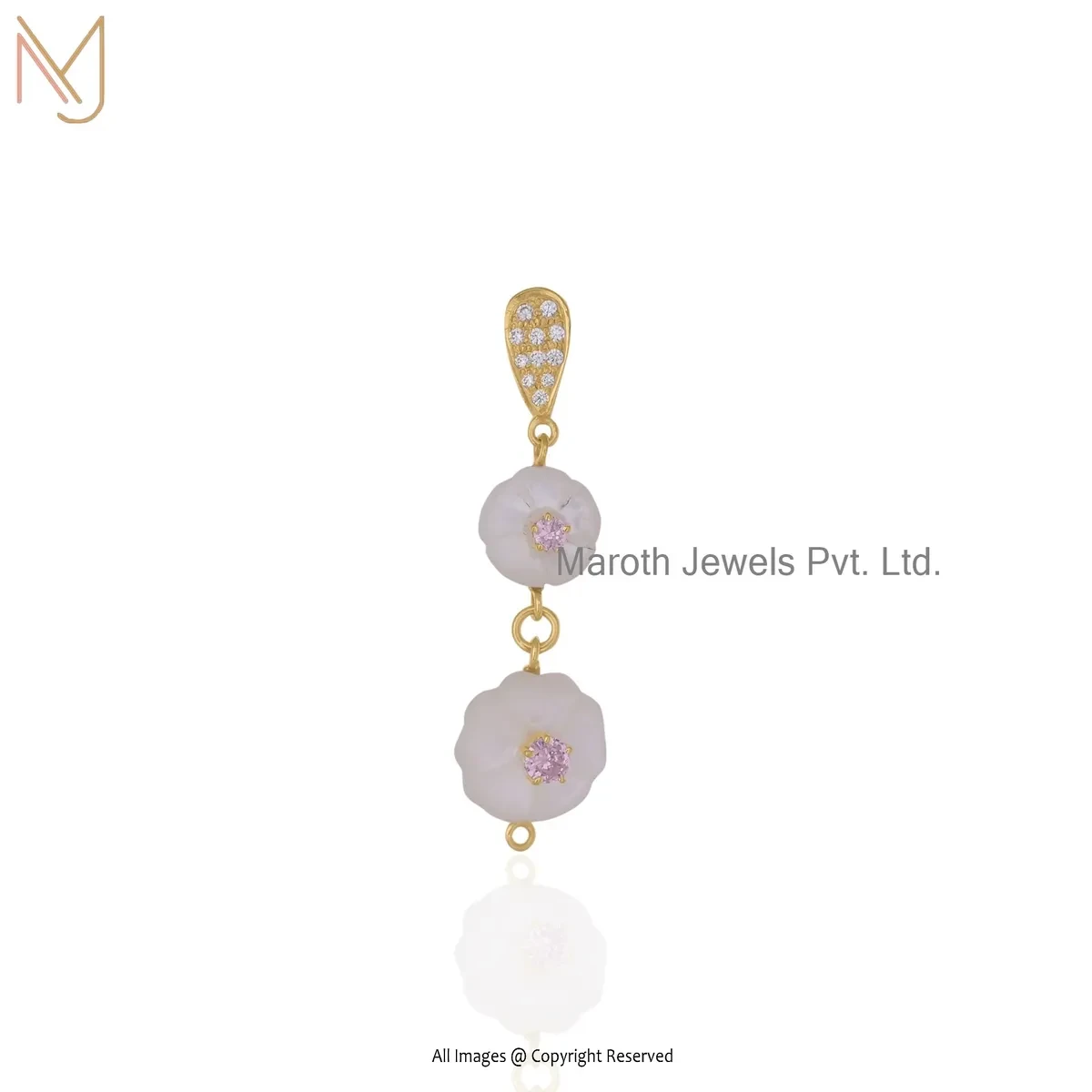925 Silver Yellow Gold Plated Pink Cubic Zircon & Mother Of Pearl Flower Gemstone Pendant USA