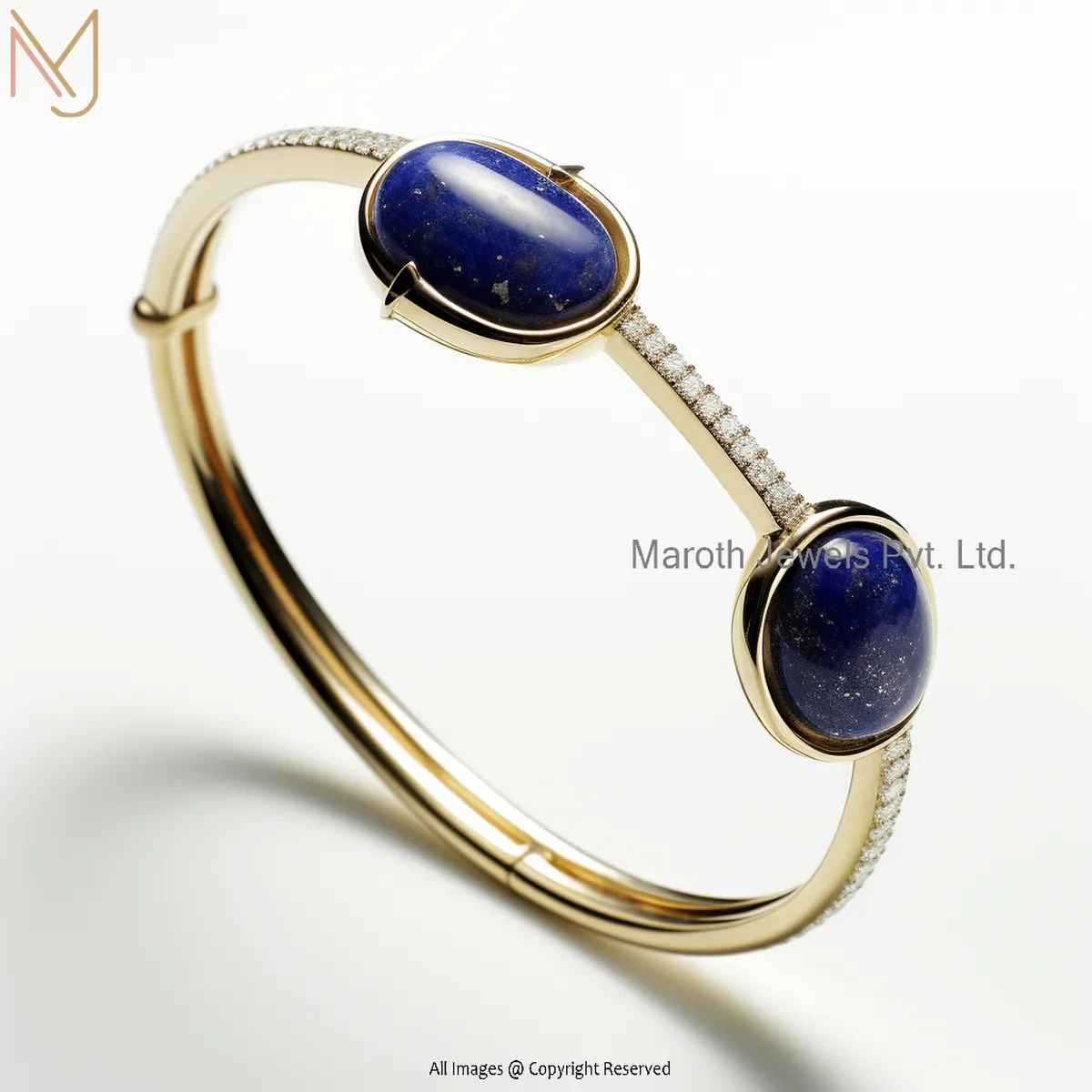 14K Yellow Gold Cubic Zircon & Lapiz Lazuli Bangle Jewelry Supplier