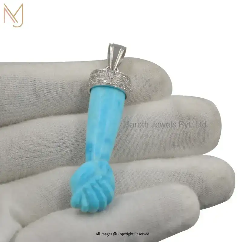 14K Yellow Gold Diamond Cubic Zircon & Turquoise Gemstone Figa Charm Pendant USA