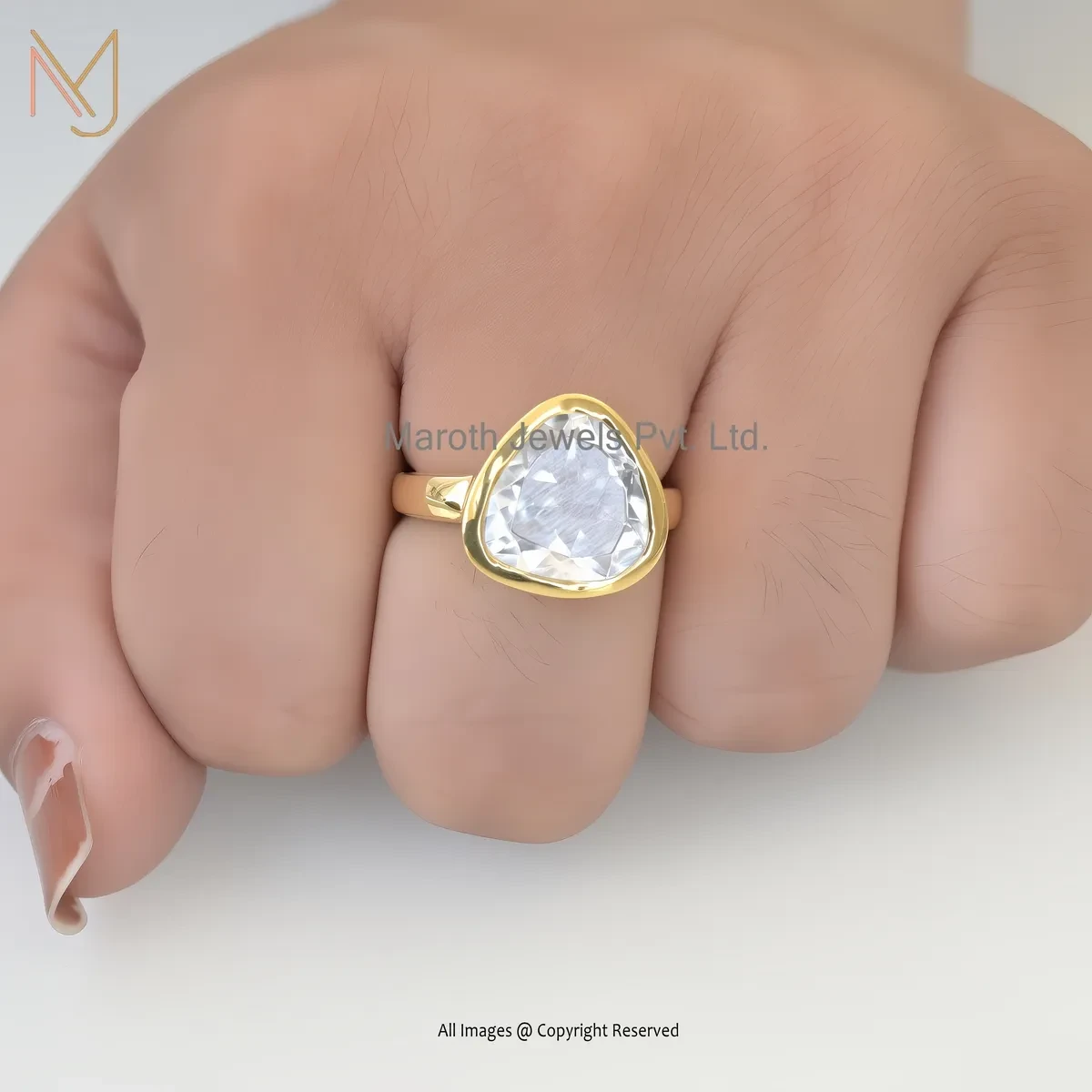 925 Silver Yellow Gold Plated Cubic Zircon Triangle Shape Statement Diamond Ring USA