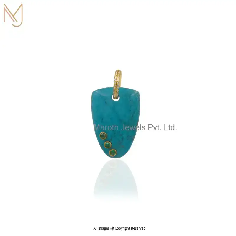 14K Yellow Gold Turquoise Green Cubic Zircoina Charm With Bail Pendant Manufacturer