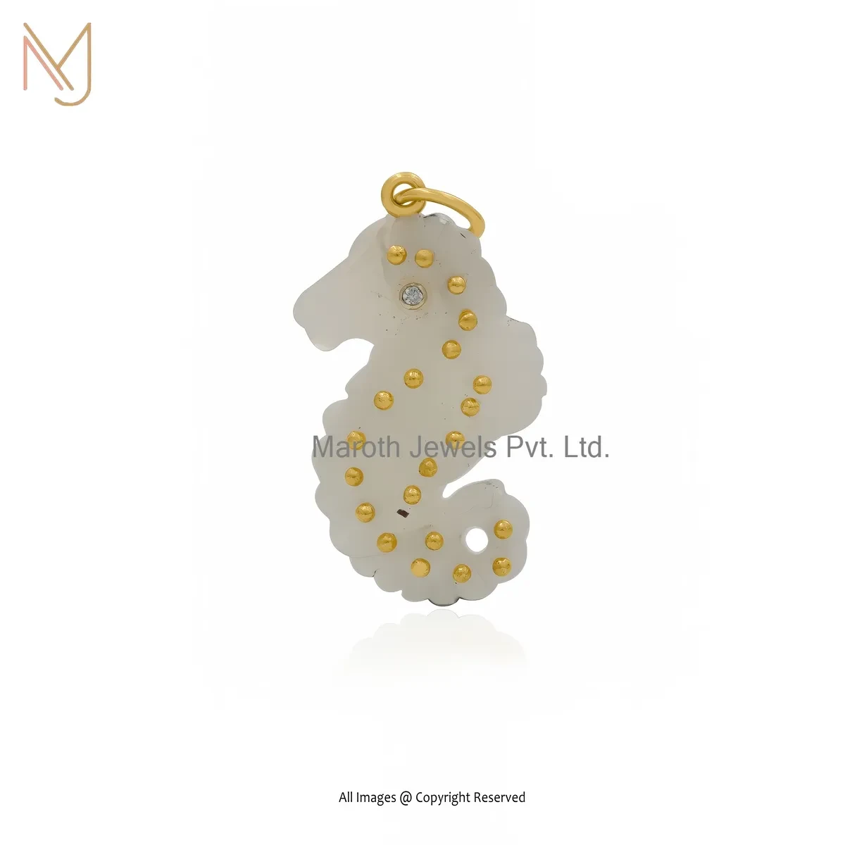 Wholesale 14K Yellow Gold Cubic Zircon & Rose Quartz Gemstone Seahorse Pendant