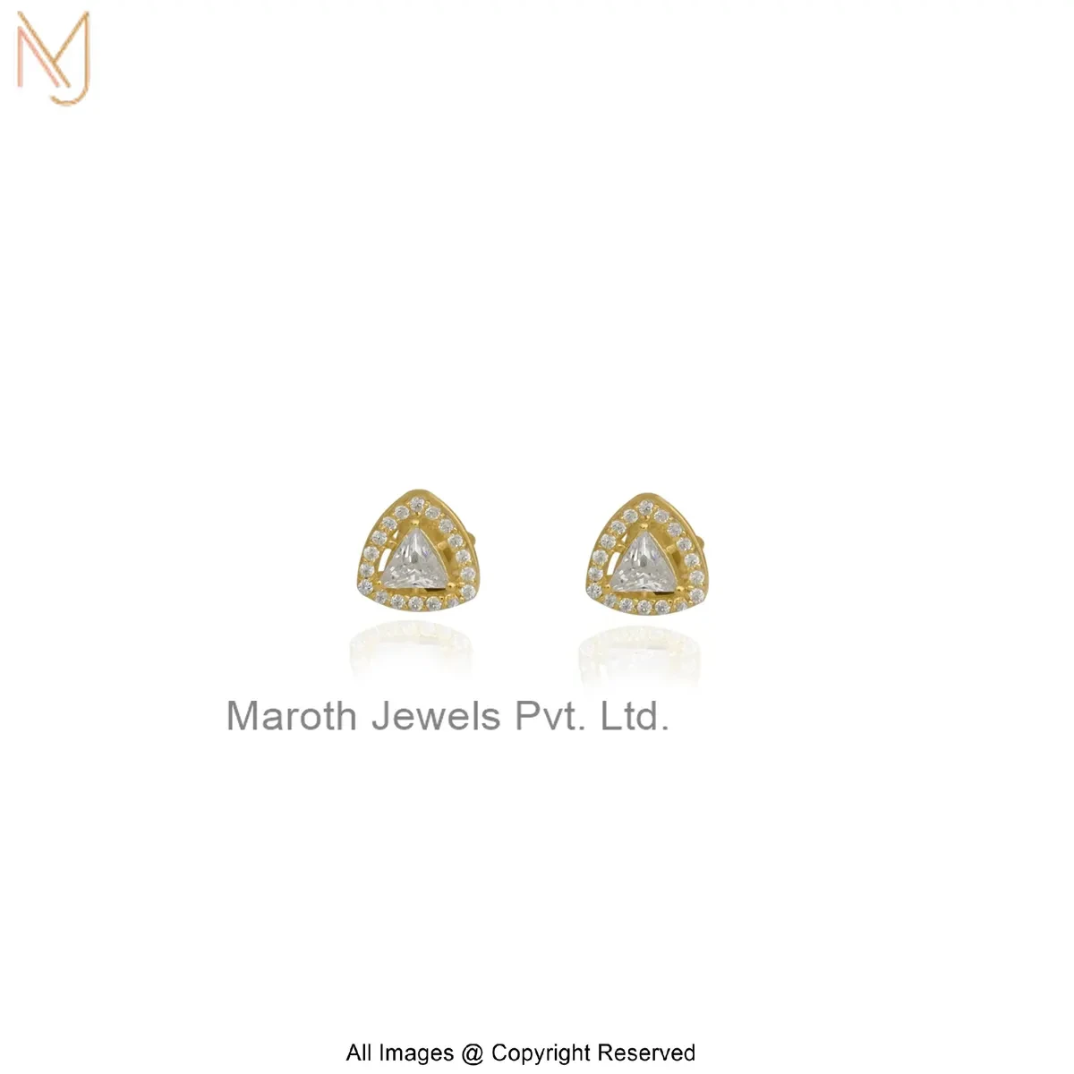 14K Yellow Gold Cubic Zircon Trillion Halo Solitaire Stud Earrings Manufacturer