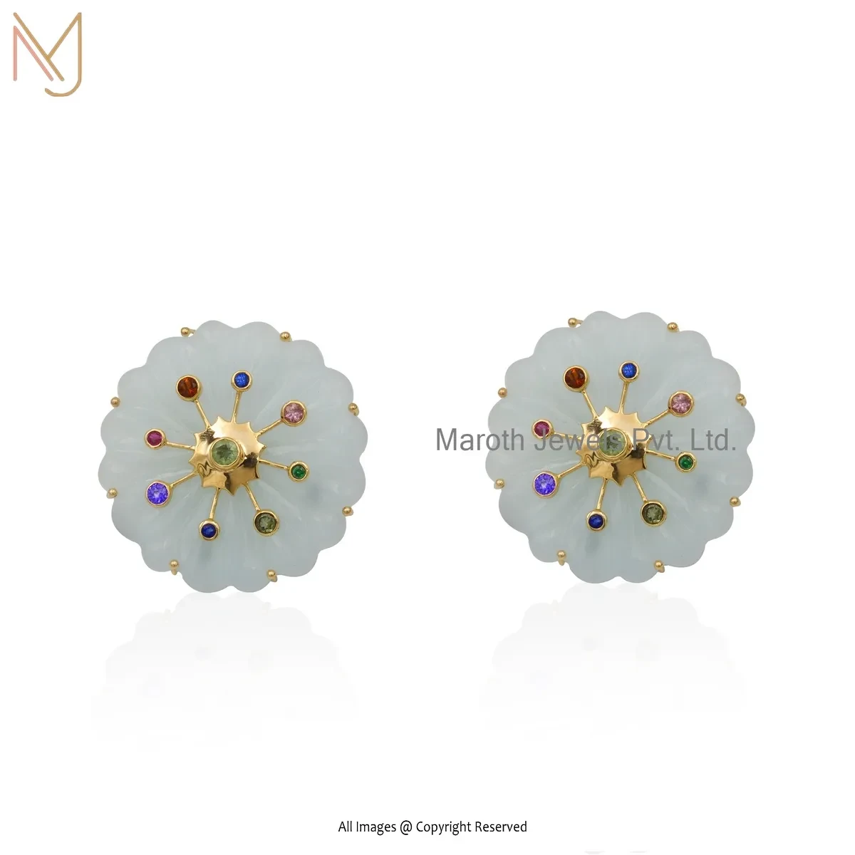 Private Lable 14K Yellow Gold Blue Chalcedony Multi Gemstone Flower Earring