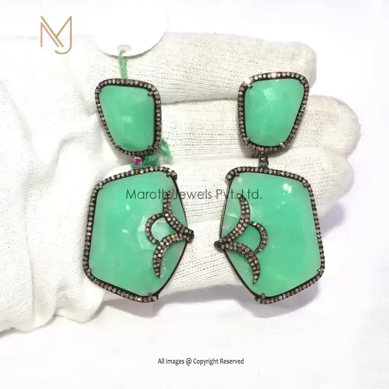 925 Silver Rhodium Plated Pave Diamond Green Onyx Earrings Custom Jewelry