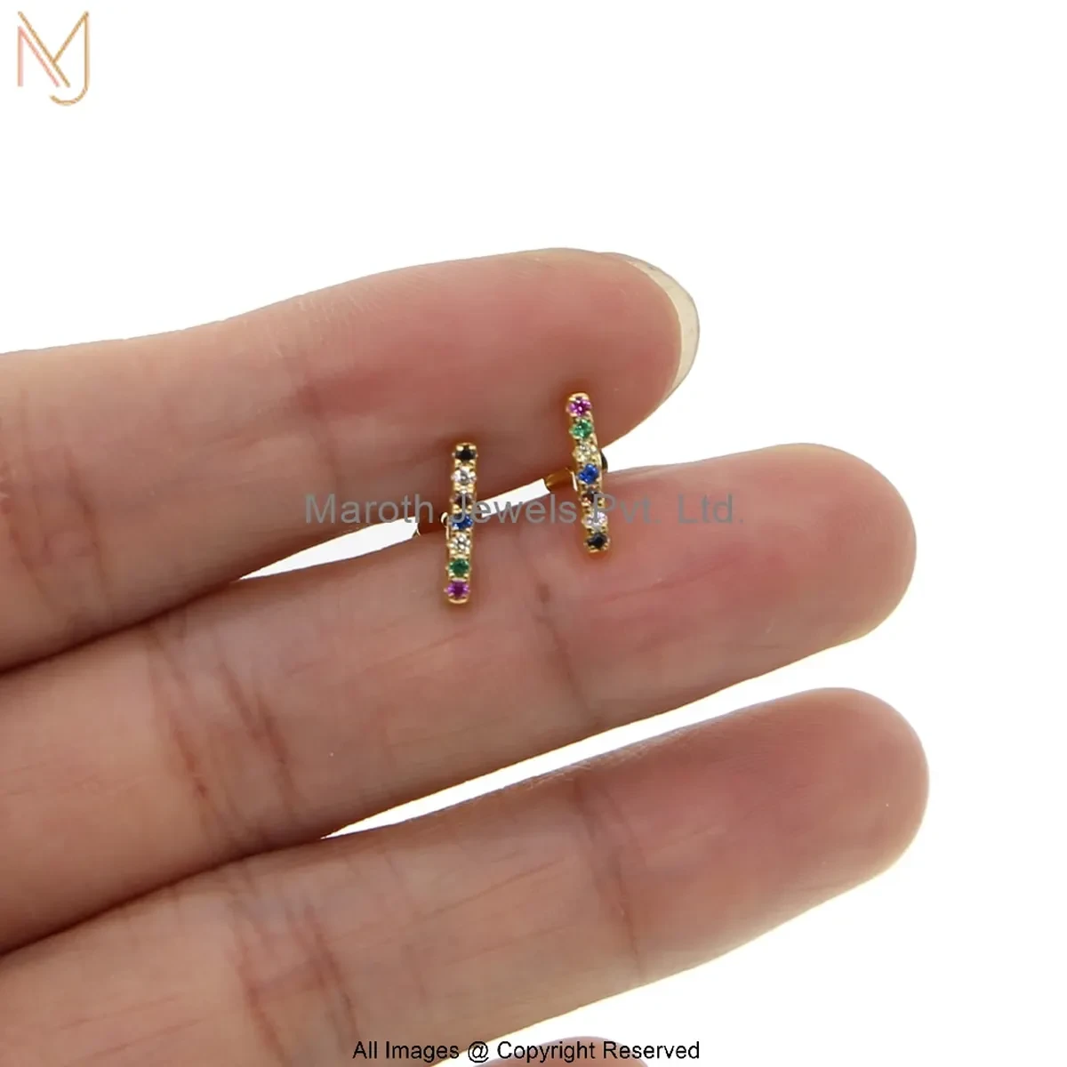 14K Yellow Gold Diamond Multi Gemstone Bar Stud Earring Custom Jewelry