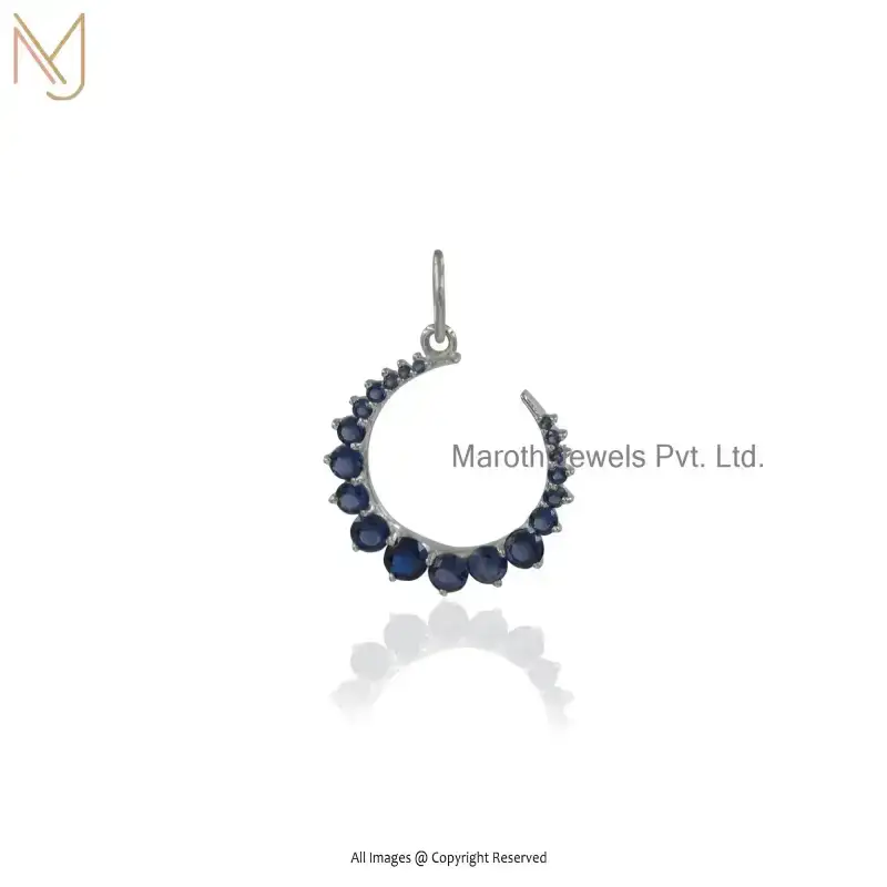 14K Yellow Gold Blue Sapphire Crescent Moon Charm Pendant Custom Jewelry