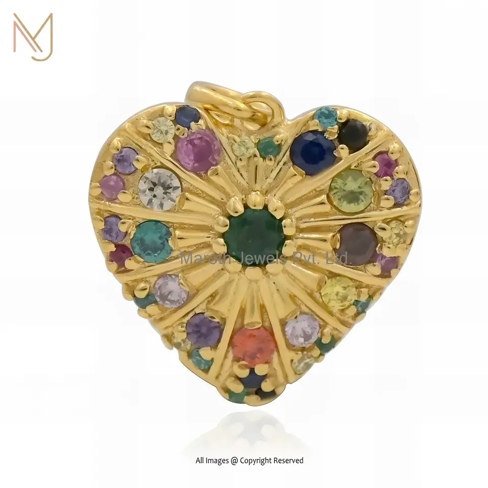 Wholesale 925 Silver Yellow Gold Plated Multi Gemstone Fluted Heart Pendant