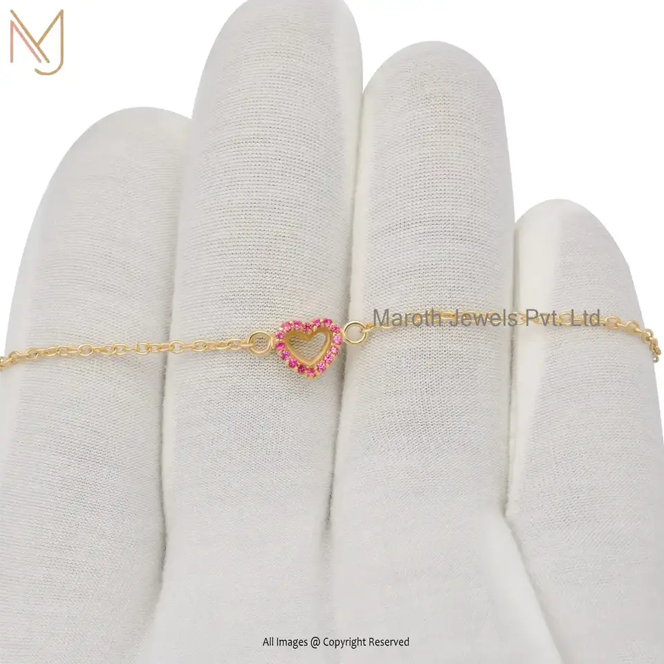 14K Yellow Gold Pink Sapphire Gemstone Heart Adjustable Chain Bracelet Manufacturer