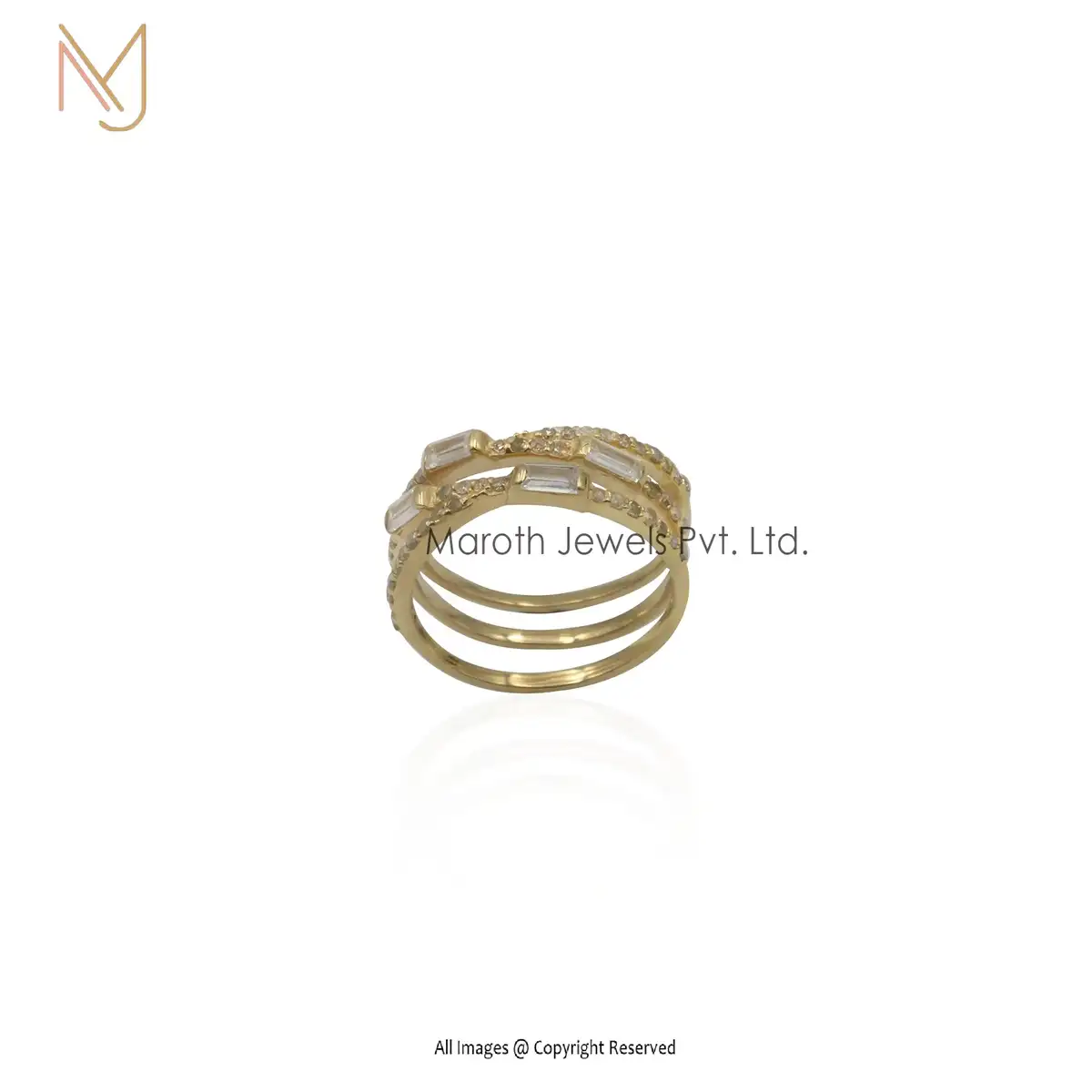 925 Silver Yellow Gold Plated Cubic Zircon And 4 Pcs Baguettes Ring Jewelry Manufacturer