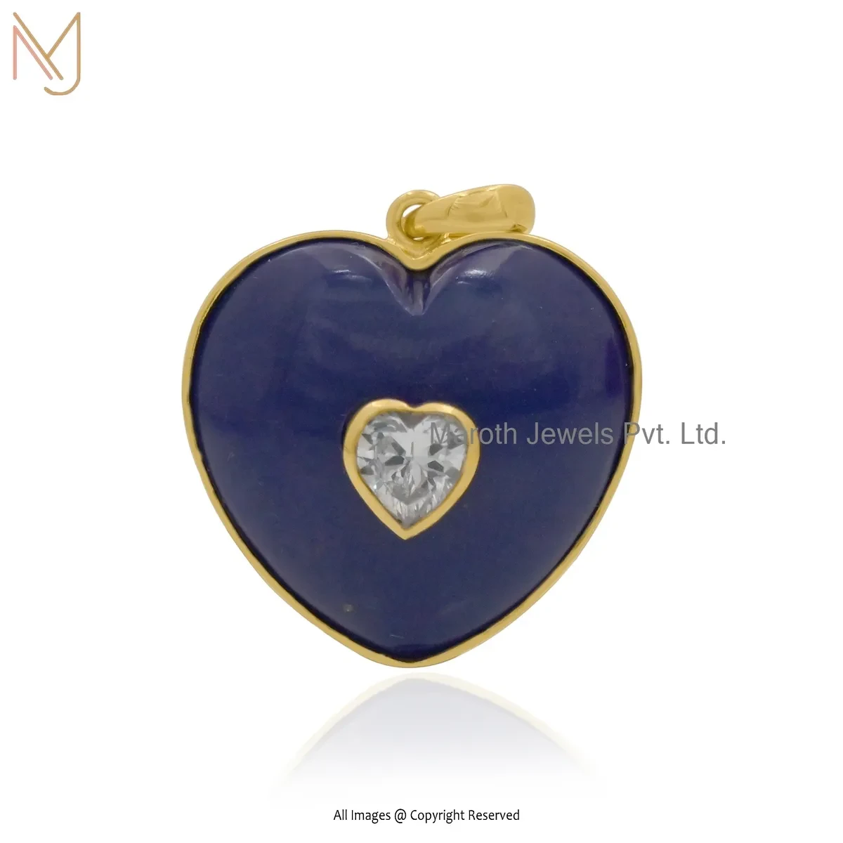 14K Yellow Gold Cubic Zircon & Lapiz Lazuli Heart Pendant Jewelry Supplier