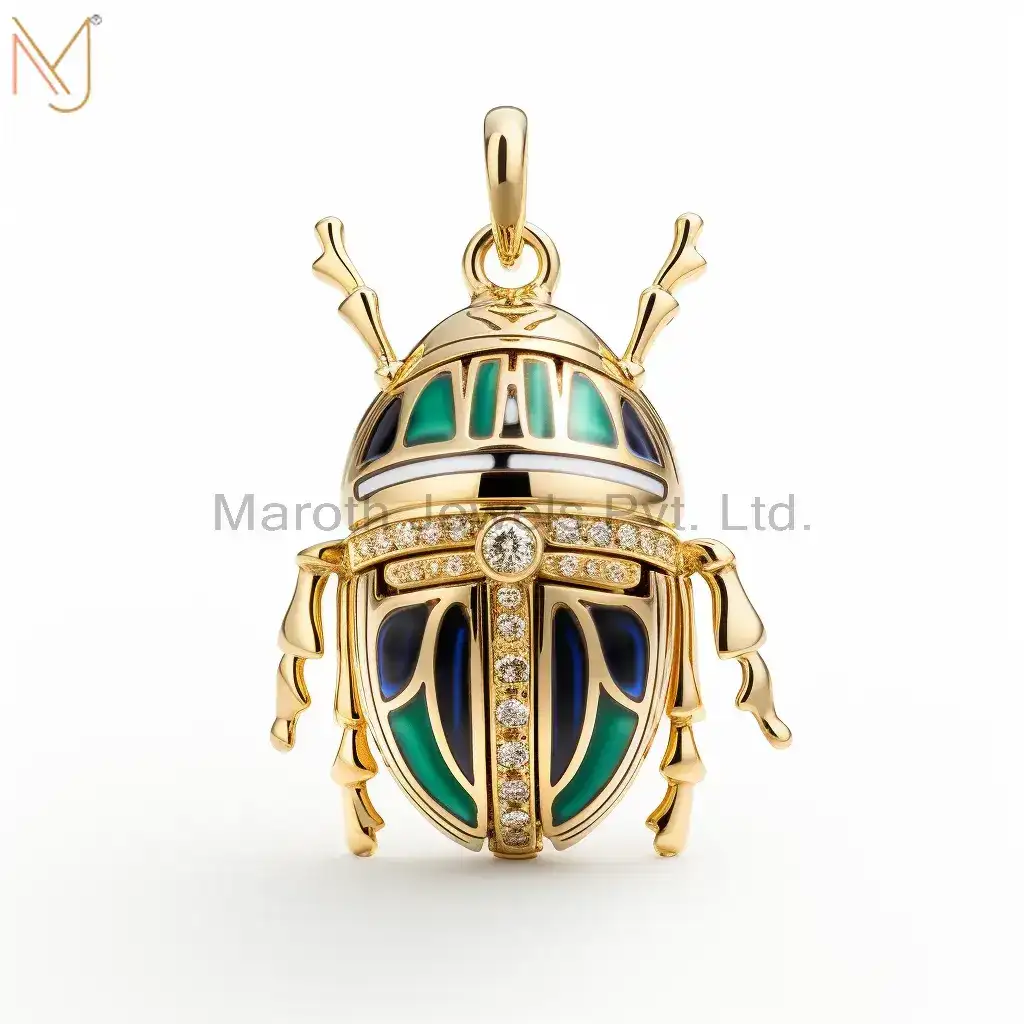 14K Yellow Gold Moissanite Enamel Scarabs Beetle Charm Pendant Manufacturer