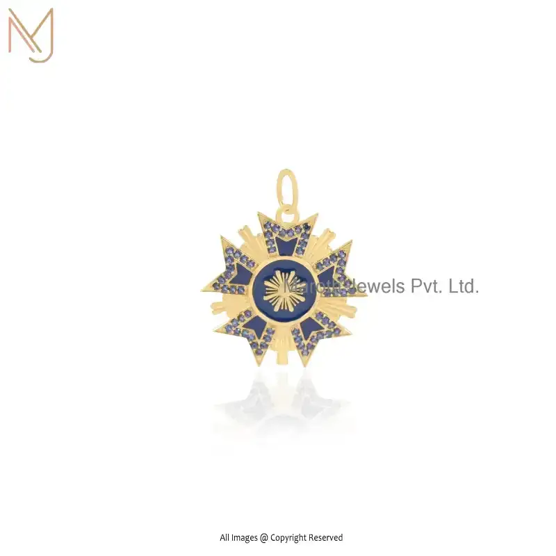 14K Yellow Gold Sky Blue Enamel & Blue Sapphire Starburst Pendant USA