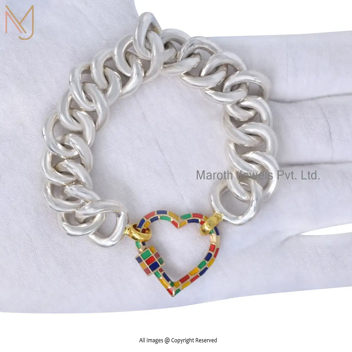 14K White Gold & Yellow Gold Multi Enamel Heart Carabiner Lock Chain Bracelet USA