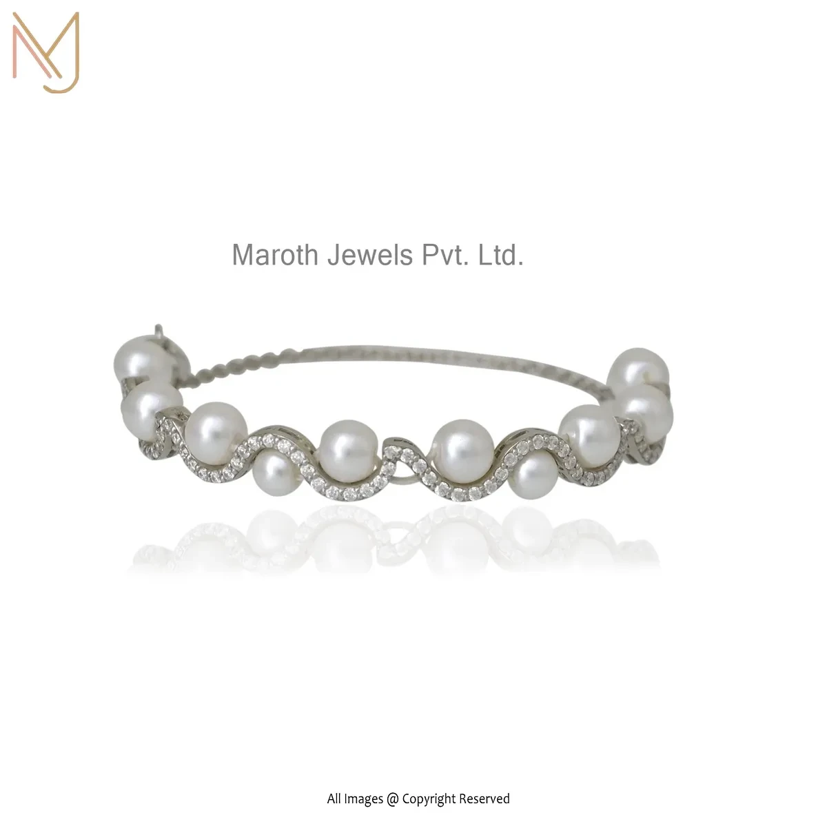 Private Lable 925 Silver White Gold Plated Moissanite Trendy Sparkling Silver Pearl Bangle