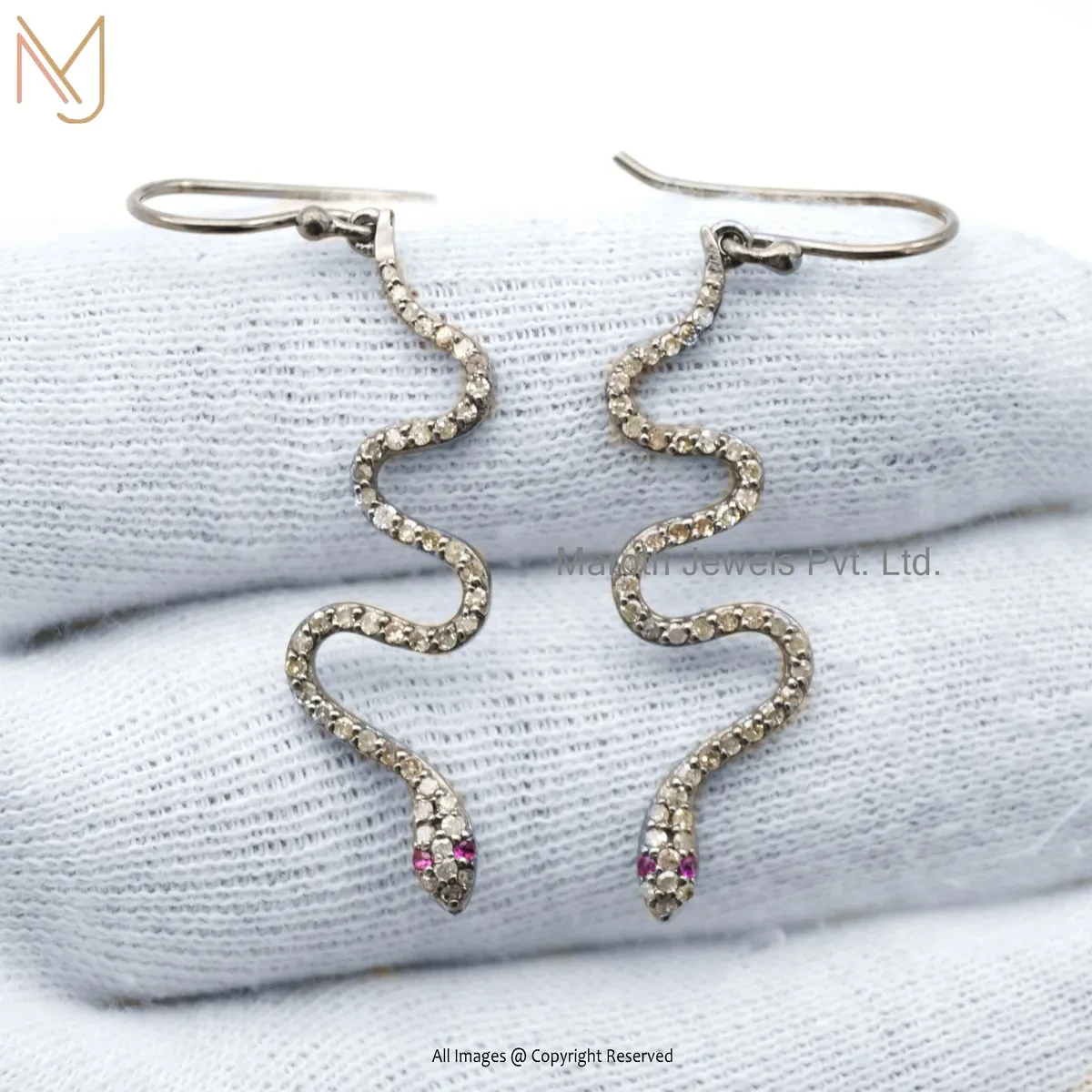 14K Yellow Gold Pave Dimmond Ruby Snake Earring Custom Jewelry